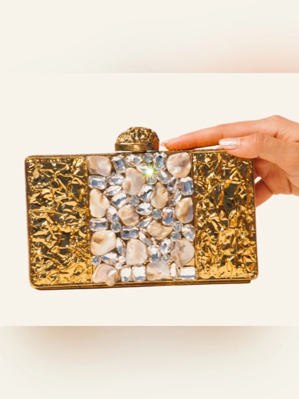 Ramla Ayra Gold Jeweled Evening Clutch - Elegant Crystal & Pearl Detail